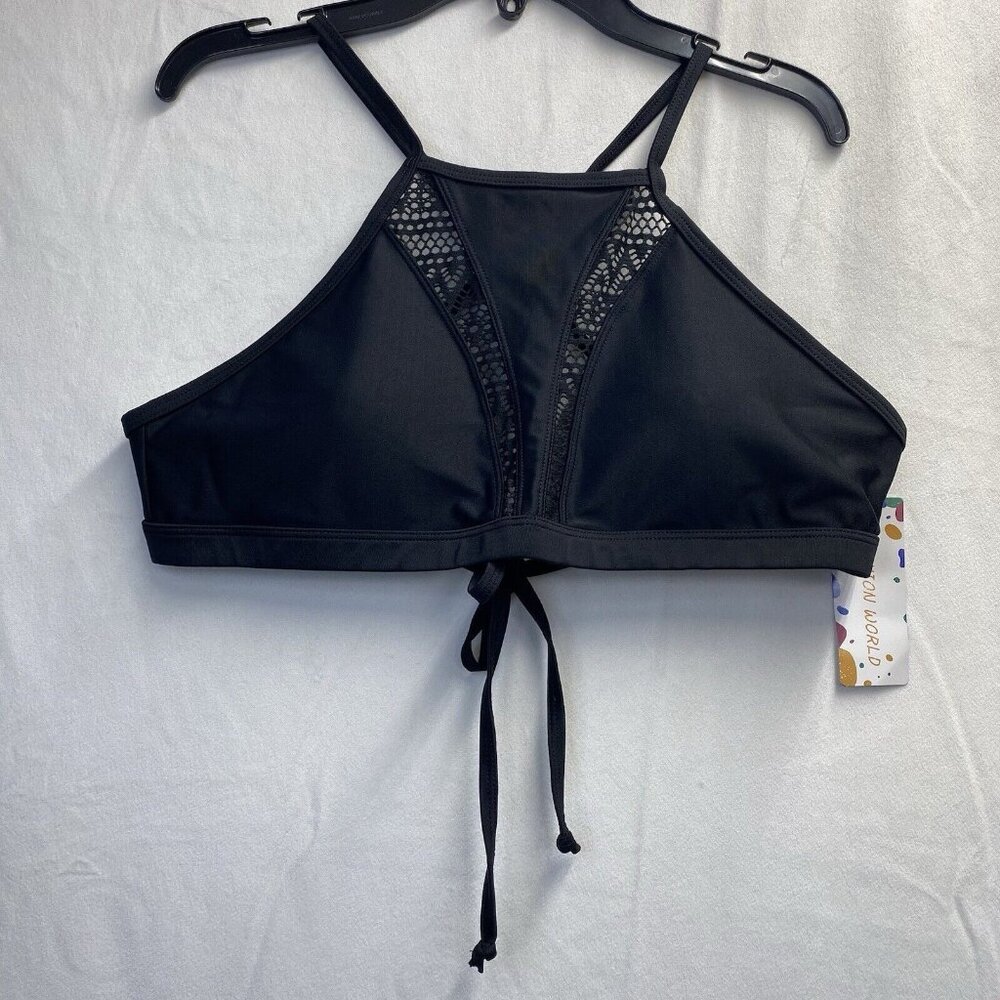 Fashion World Cut Out Halter High Neck Tie Back Bikini Top Women Medium BlackNew